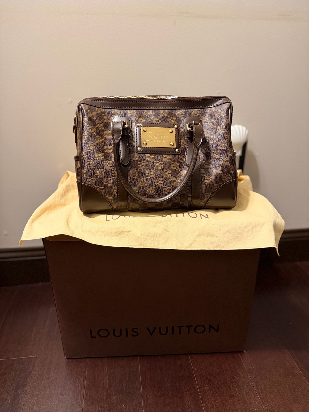 Louis Vuitton Brown Damier Ebene Checkered Satchel with Gold Plaque - Picture 2 of 9